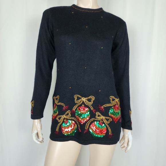 Vtg sequin Christmas ornament novelty sweater black SM silk blend - Picture 1 of 11